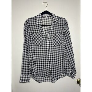 Express Woman's Portofino Shirt in a‎ black and white gingham or buffalo check